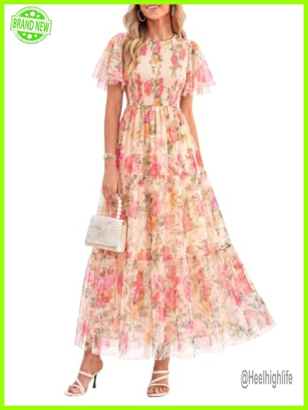 Tulle Floral Flowy Maxi Dress Sheer Mesh Flutter Sleeve Formal Wedding Guest